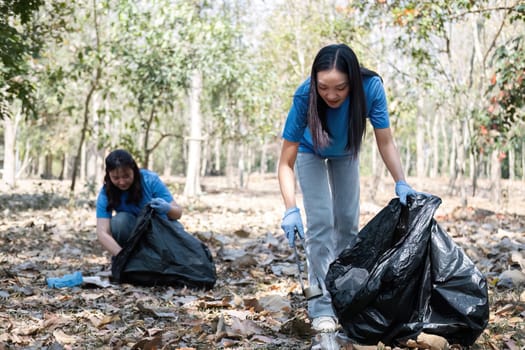 A group of Asian volunteers collects trash in plastic bags and cleaning areas in the forest to preserve the natural ecosystem..