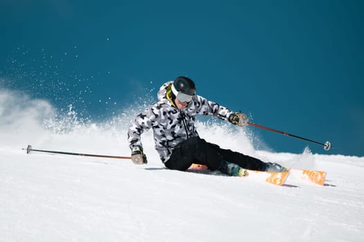 Expert skier on the slopes of Grandvalira in Andorra in Winter 2024.