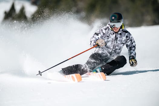 Expert skier on the slopes of Grandvalira in Andorra in Winter 2024.