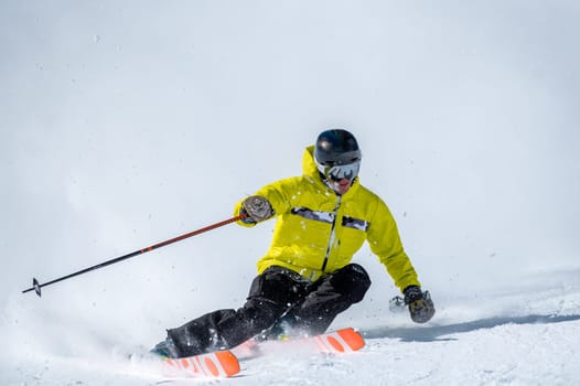 Expert skier on the slopes of Grandvalira in Andorra in Winter 2024.