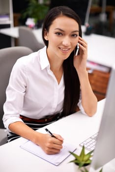 Portrait, phone call and writing with business woman in corporate office for communication or networking. Computer, notebook and planning with happy young employee talking on mobile in workplace.