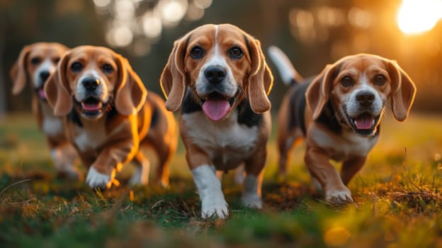 Running beagle dogs run on the green grass in summer.
