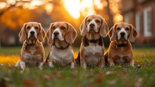 Portrait of a beagle dog in summer on a green lawn.