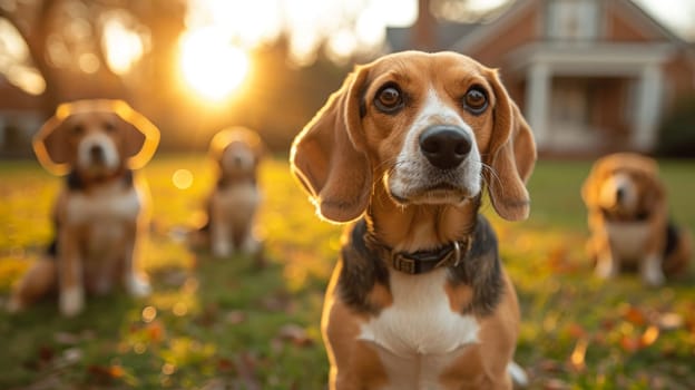 Portrait of a beagle dog in summer on a green lawn.