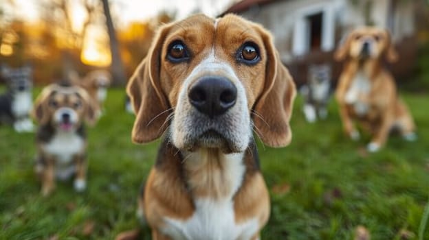 Portrait of a beagle dog in summer on a green lawn.