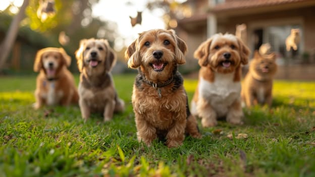 Portrait of a group of Jack Russell dogs in summer on a green lawn.