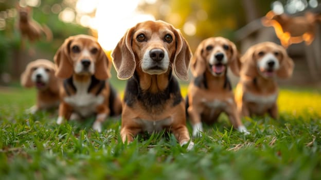 Portrait of a beagle dog in summer on a green lawn.