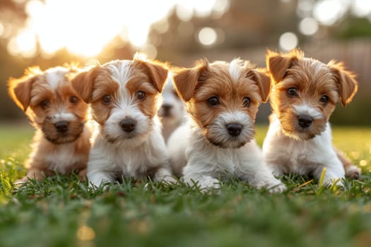 Portrait of a group of Jack Russell dogs in summer on a green lawn.