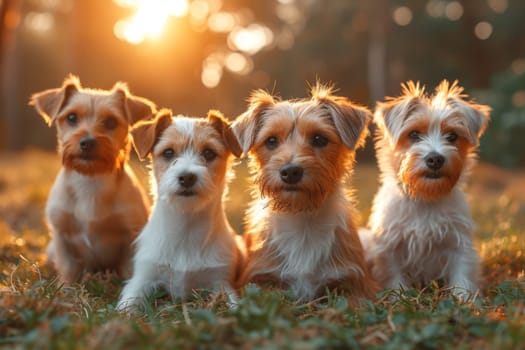 Portrait of a group of Jack Russell dogs in summer on a green lawn.