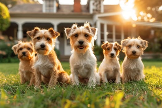 Portrait of a group of Jack Russell dogs in summer on a green lawn.