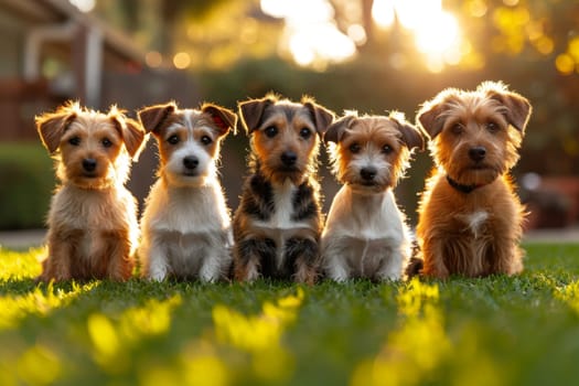 Portrait of a group of Jack Russell dogs in summer on a green lawn.