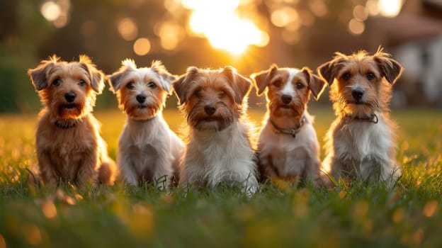 Portrait of a group of Jack Russell dogs in summer on a green lawn.