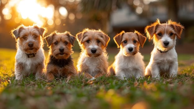 Portrait of a group of Jack Russell dogs in summer on a green lawn.