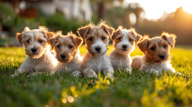 Portrait of a group of Jack Russell dogs in summer on a green lawn.