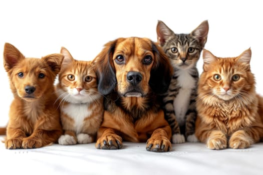 Friendly Portrait of dogs and cats on a white background.