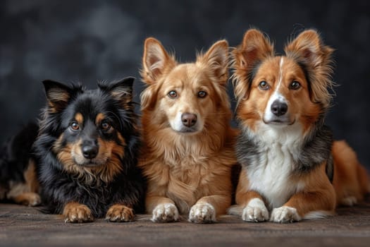 Portrait of three dogs on a black background.