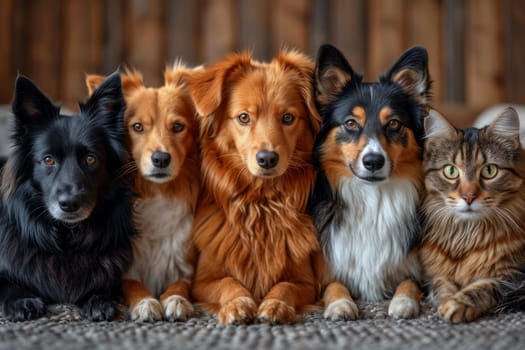 Friendly portrait of dogs and cats on a brown background.