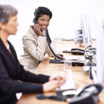 Business woman, portrait and telemarketing phone call with communication and smile from work. Crm, internet and support with computer and professional African female employee with talking in office.