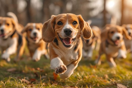 Running beagle dogs run on the green grass in summer.