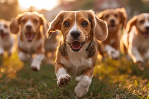 Running beagle dogs run on the green grass in summer.