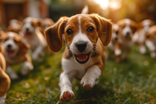 Running beagle dogs run on the green grass in summer.