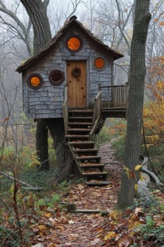 Cute little tree house for kids in the forest.