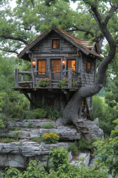 Cute little tree house for kids in the forest.