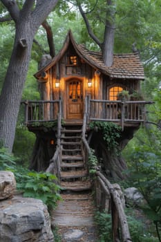 Cute little tree house for kids in the forest.