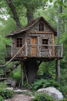 Cute little tree house for kids in the forest.