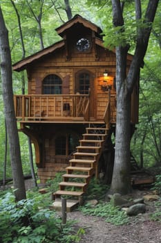 Cute little tree house for kids in the forest.