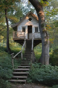 Cute little tree house for kids in the forest.