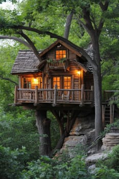 Cute little tree house for kids in the forest.