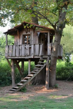 Cute little tree house for kids in the forest.