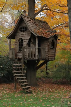 Cute little tree house for kids in the forest.