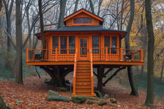 Cute little tree house for kids in the forest.