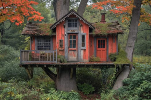 Cute little tree house for kids in the forest.