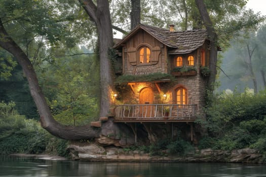 Cute little tree house for kids in the forest.