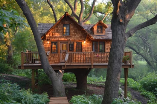 Cute little tree house for kids in the forest.