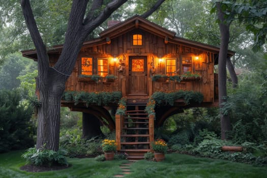 Cute little tree house for kids in the forest.