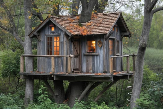 Cute little tree house for kids in the forest.