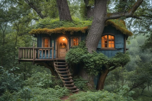 Cute little tree house for kids in the forest.