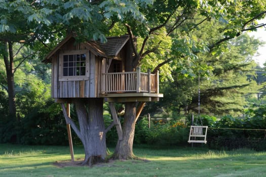 Cute little tree house for kids in the forest.