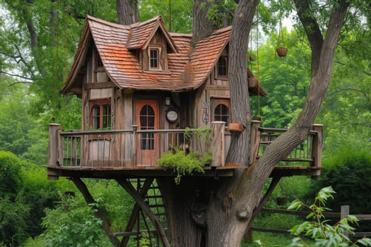 Cute little tree house for kids in the forest.