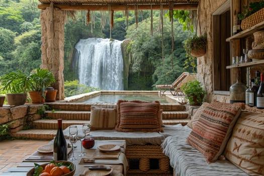 Stylish interior with a sofa on the background of a lake with a waterfall.