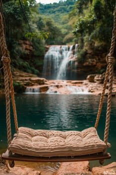 Stylish interior with swings on the background of a lake with a waterfall.