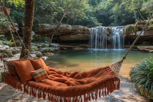 Stylish interior with a hammock on the background of a lake with a waterfall.