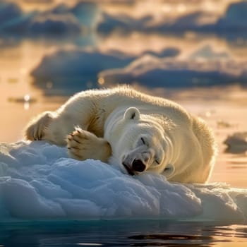 Polar bear sleeping on a loose iceberg at sunrise. Climate change effects.