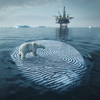 polar bear over a human finger print ice cap. An oil-rig in the background.Climate change and sustainability concept.