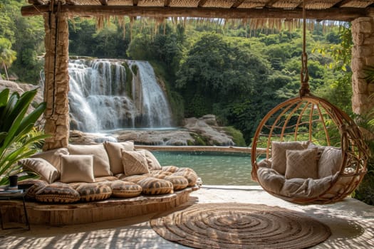 Stylish interior with a hammock on the background of a lake with a waterfall.