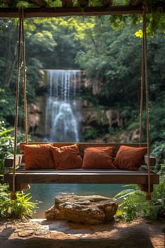 Stylish interior with swings on the background of a lake with a waterfall.